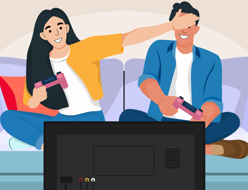 An illustration of a person trying to cover another person’s eyes while playing a video game