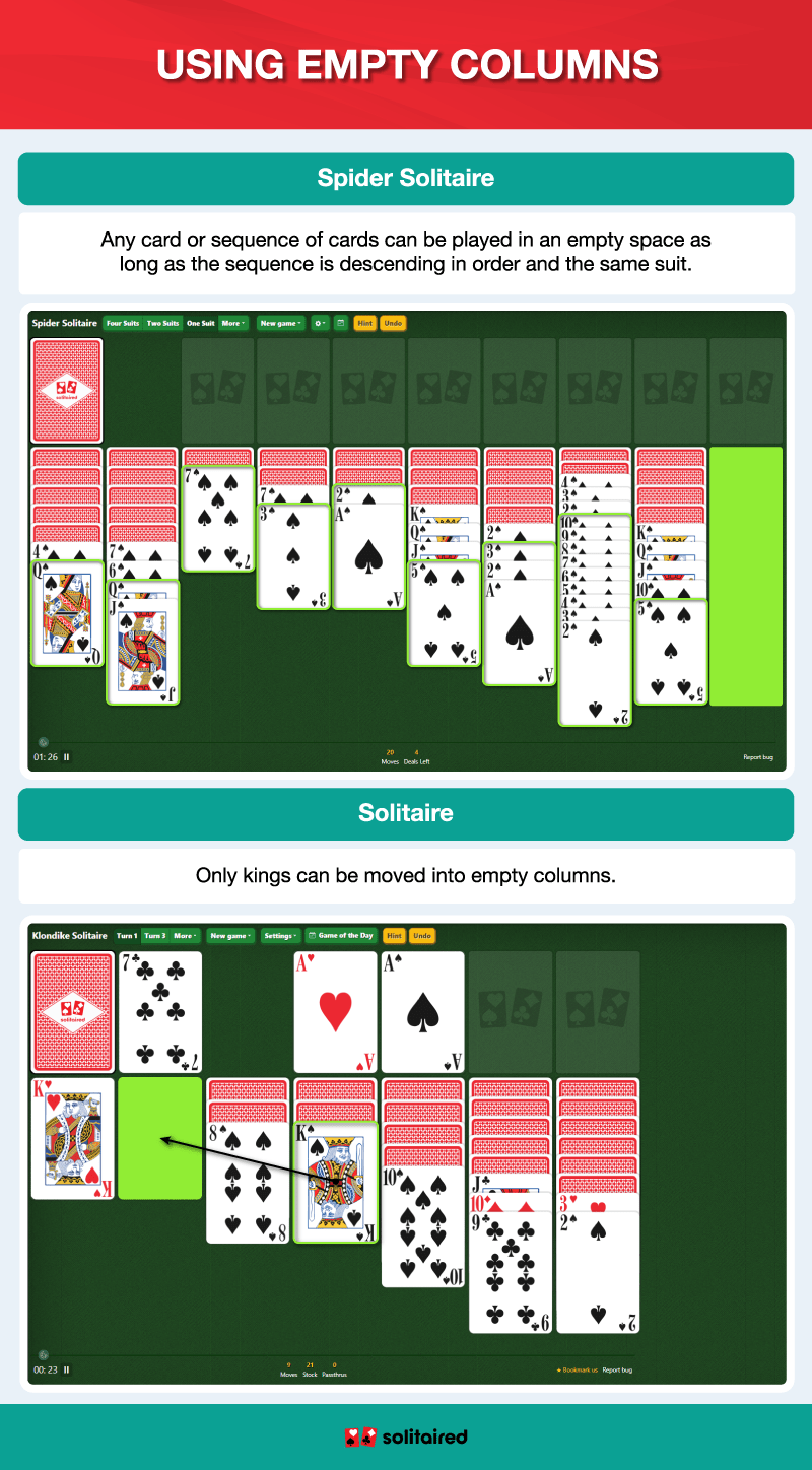 Spider Solitaire and Solitaire empty column use