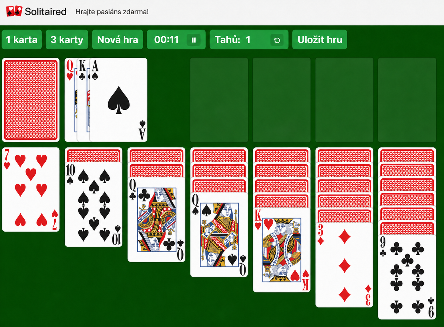 Příklad pasiánsu – 3 karty