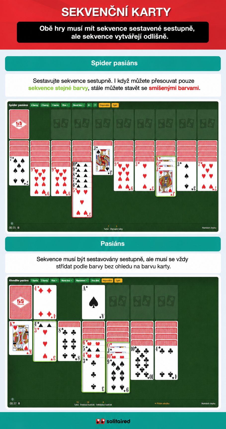 How to sequence cards in Spider Solitaire and Solitaire