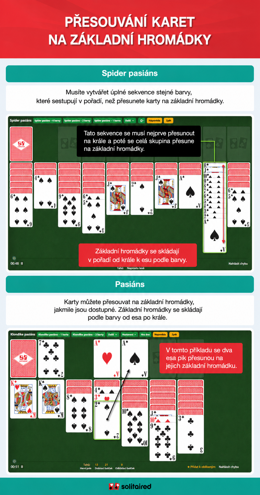Moving cards to foundation piles in Spider Solitaire and Solitaire