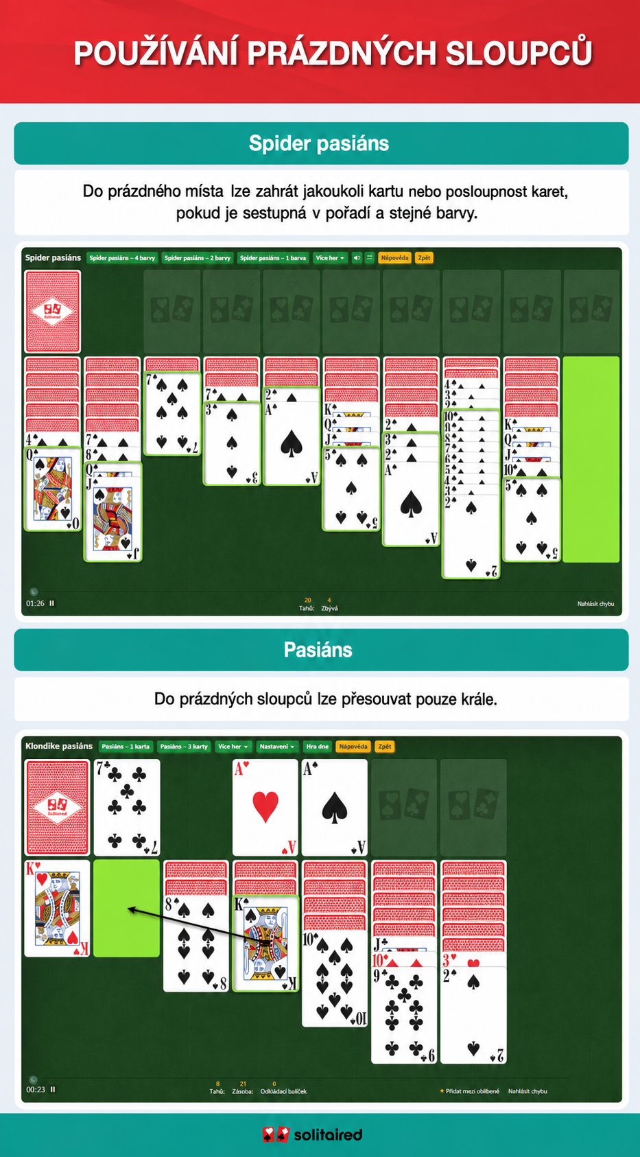 Spider Solitaire and Solitaire empty column use