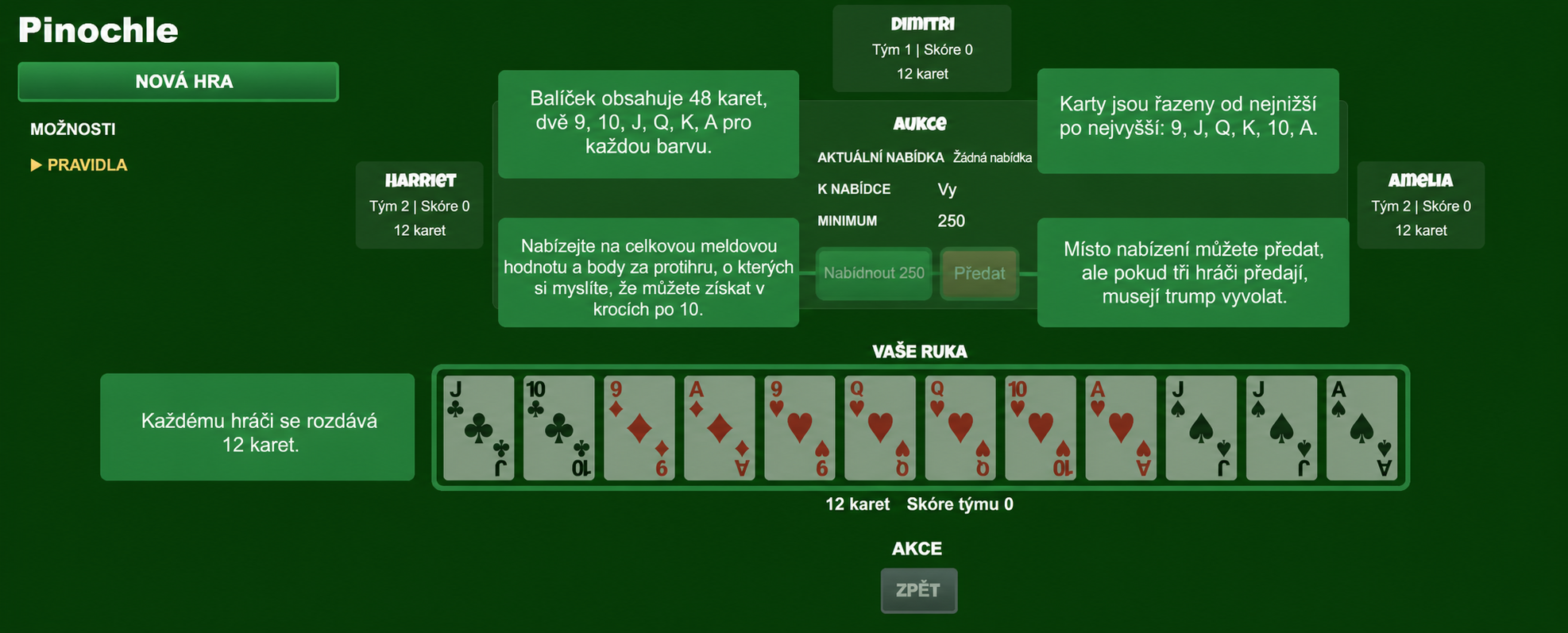 Nastavení karetní hry Pinochle