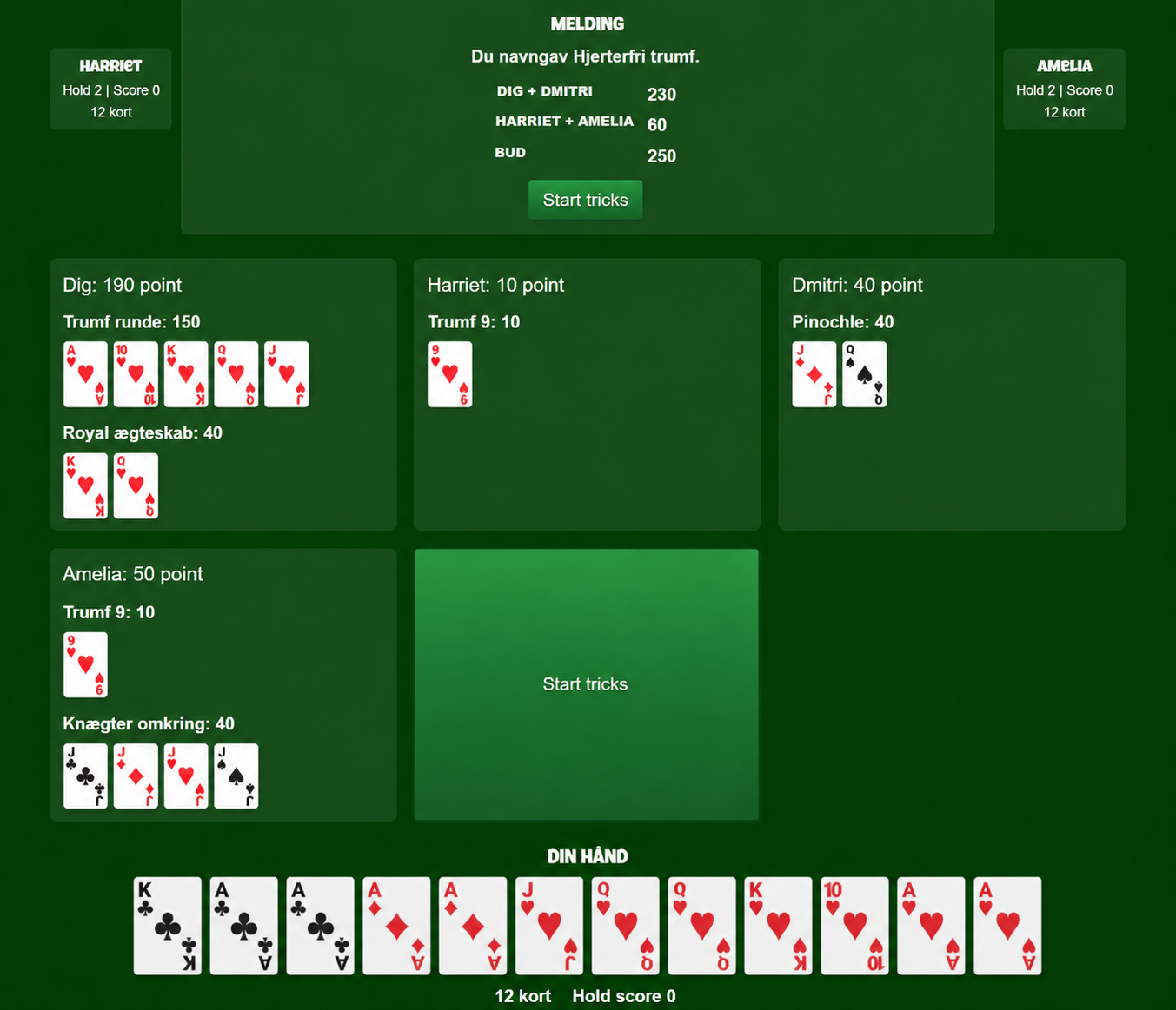 Pinochle meldingsfase med spillerscorer