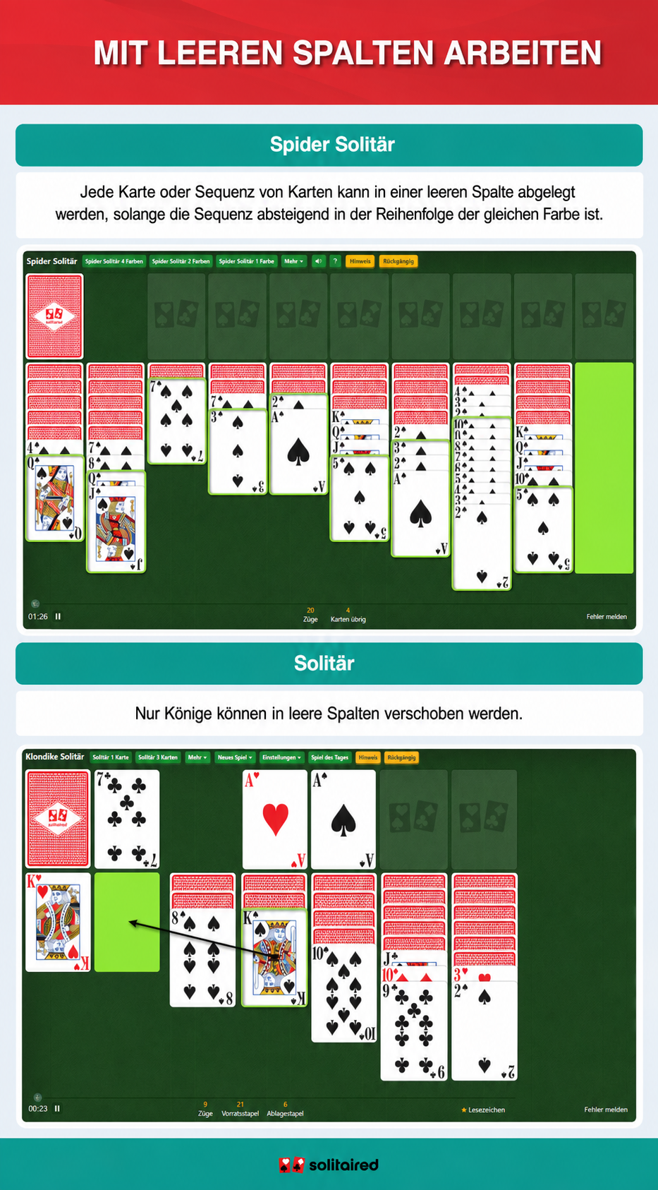 Spider Solitaire and Solitaire empty column use