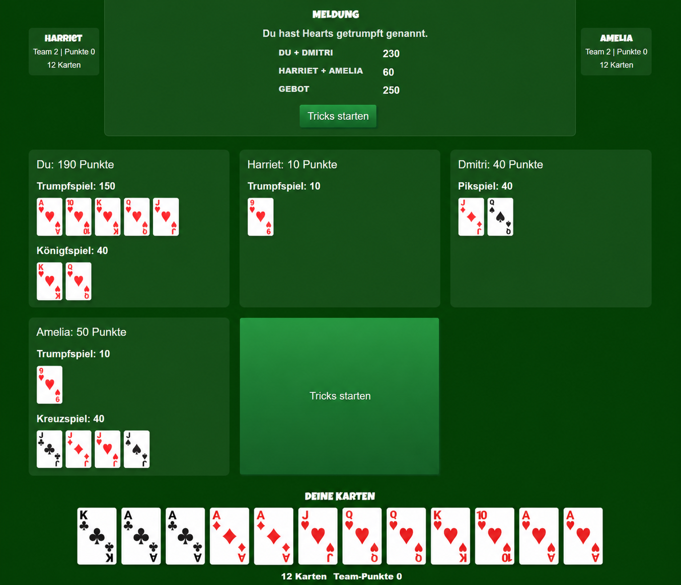 Pinochle meld phase with player scores