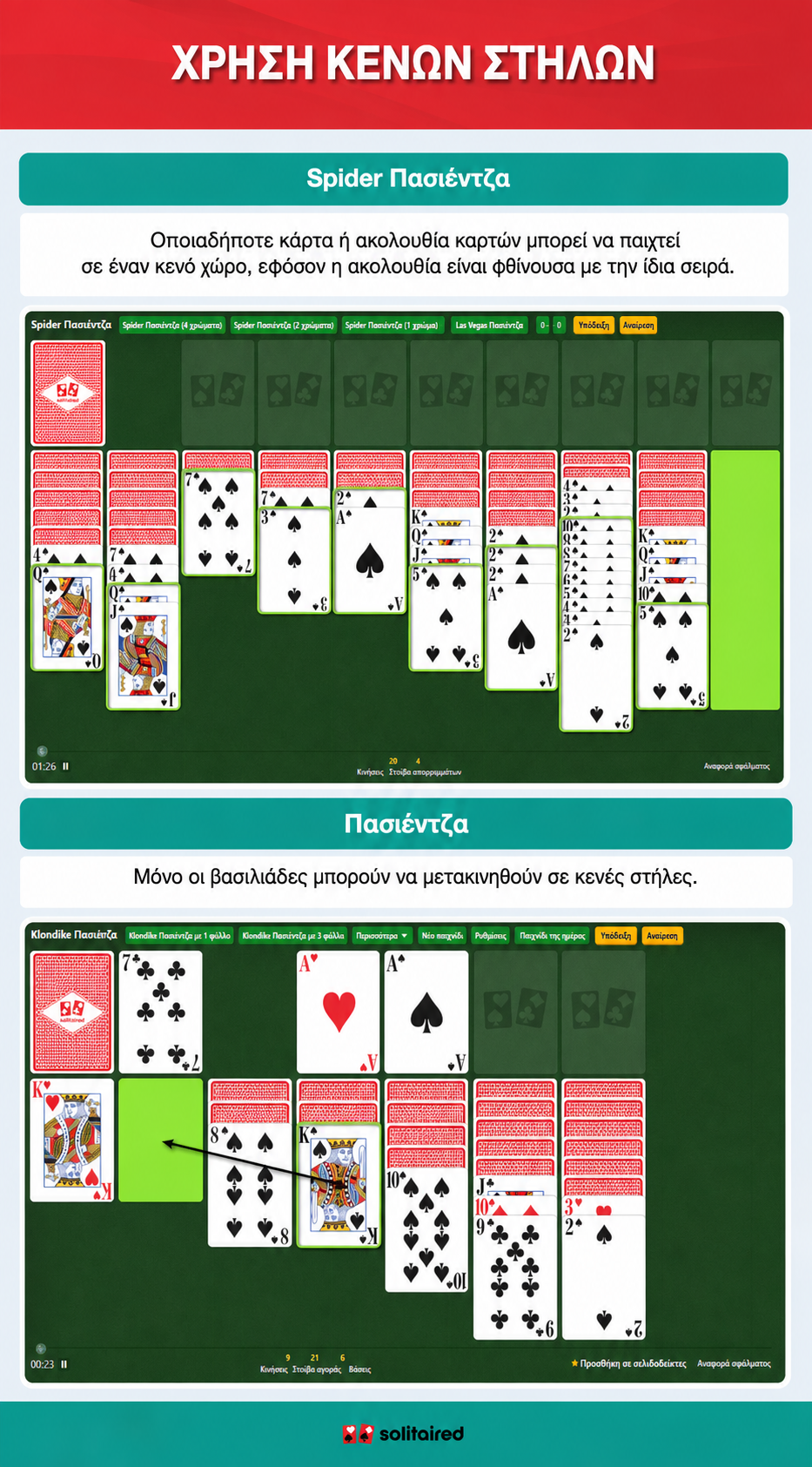 Spider Solitaire and Solitaire empty column use