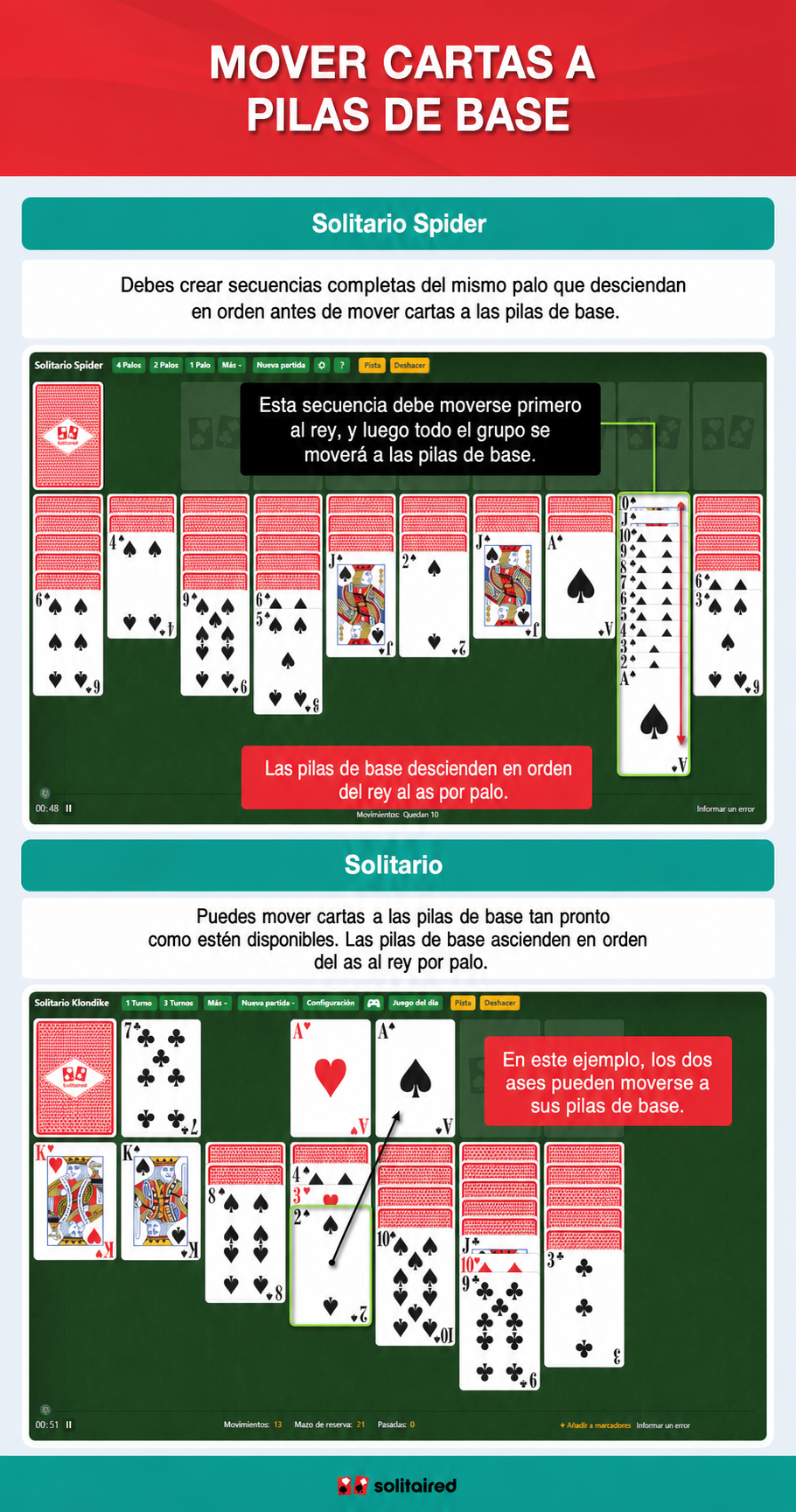 Mover cartas a las pilas de base en Solitario Spider y Solitario