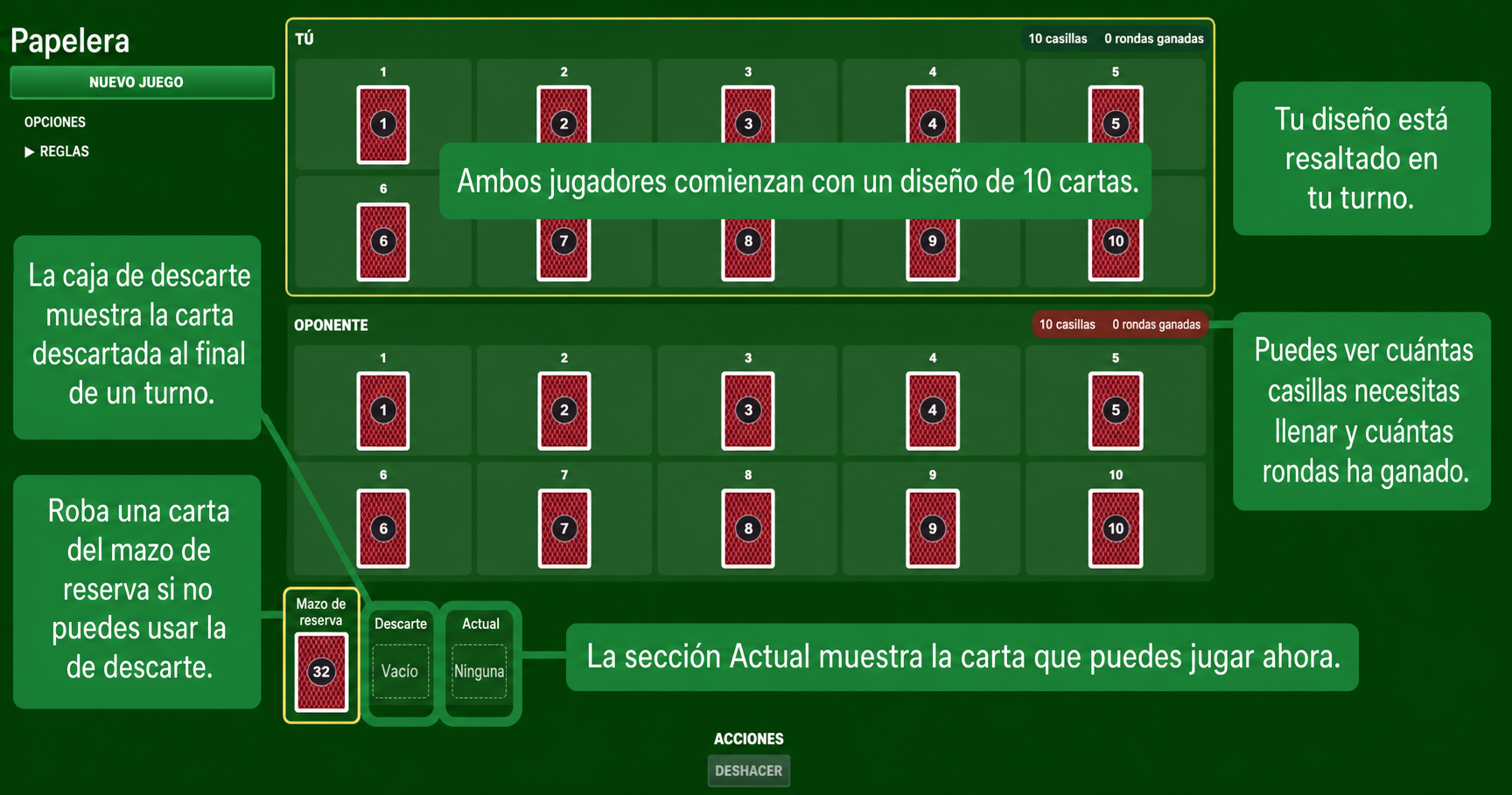 Configuración del juego de cartas Trash
