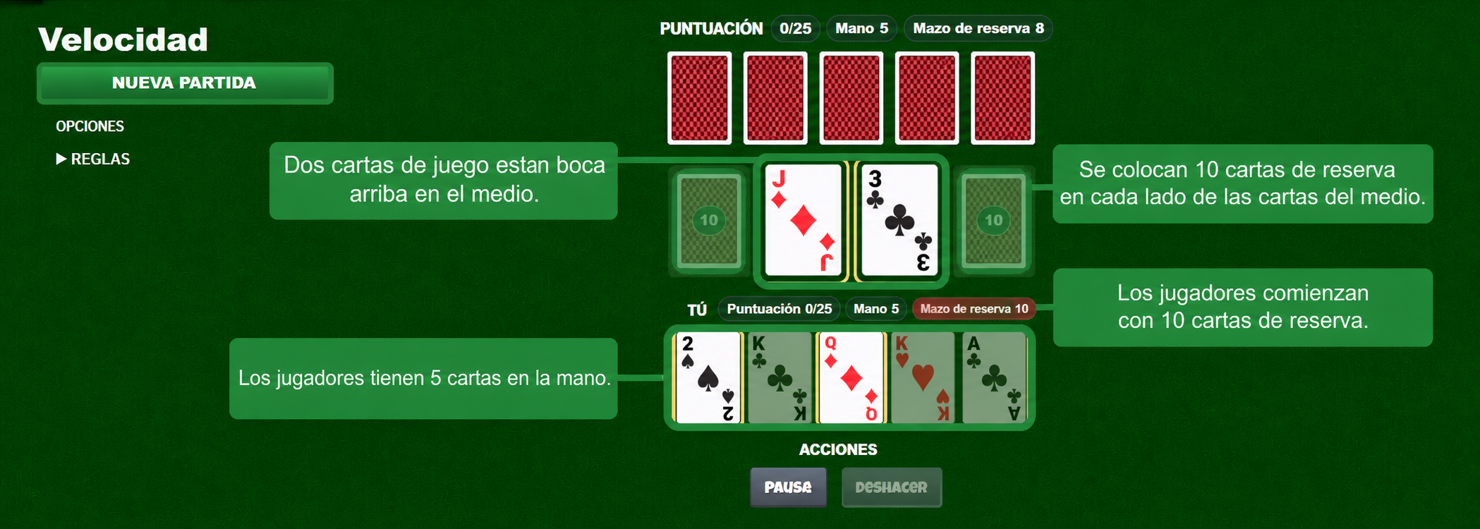 Configuración del juego de cartas Speed