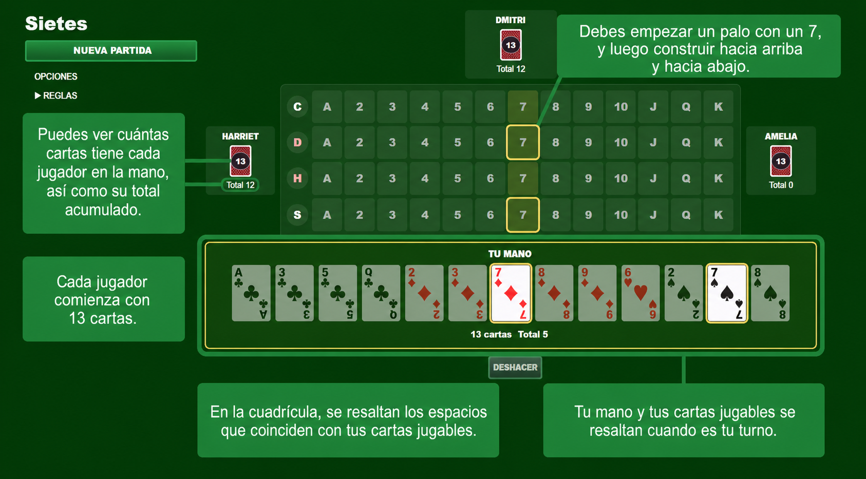 Configuración del juego de cartas Sevens