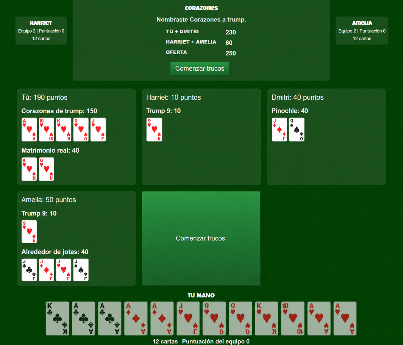 Pinochle meld phase with player scores