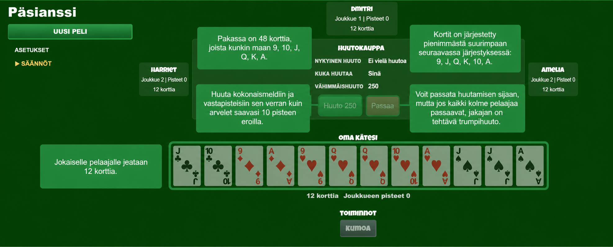Pinochle-korttipelin aloitusasetelma