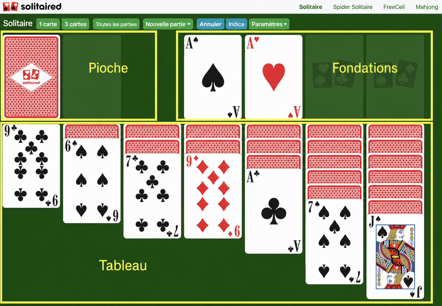 Mise en place et zone de jeu du Solitaire 3 cartes