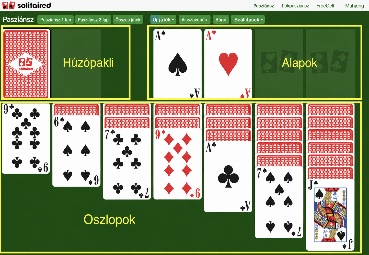 3 lapos Pasziánsz beállítás és játéktér