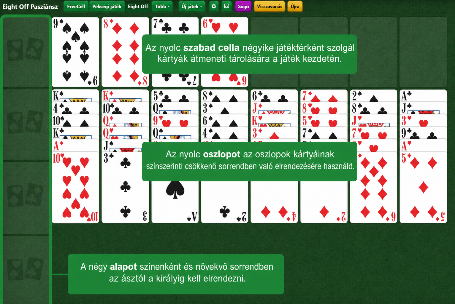 Eight Off pasziánsz beállítása