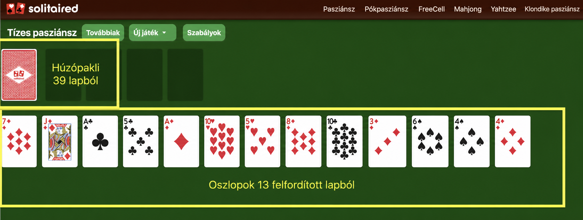 Tens pasziánsz kezdő elrendezés