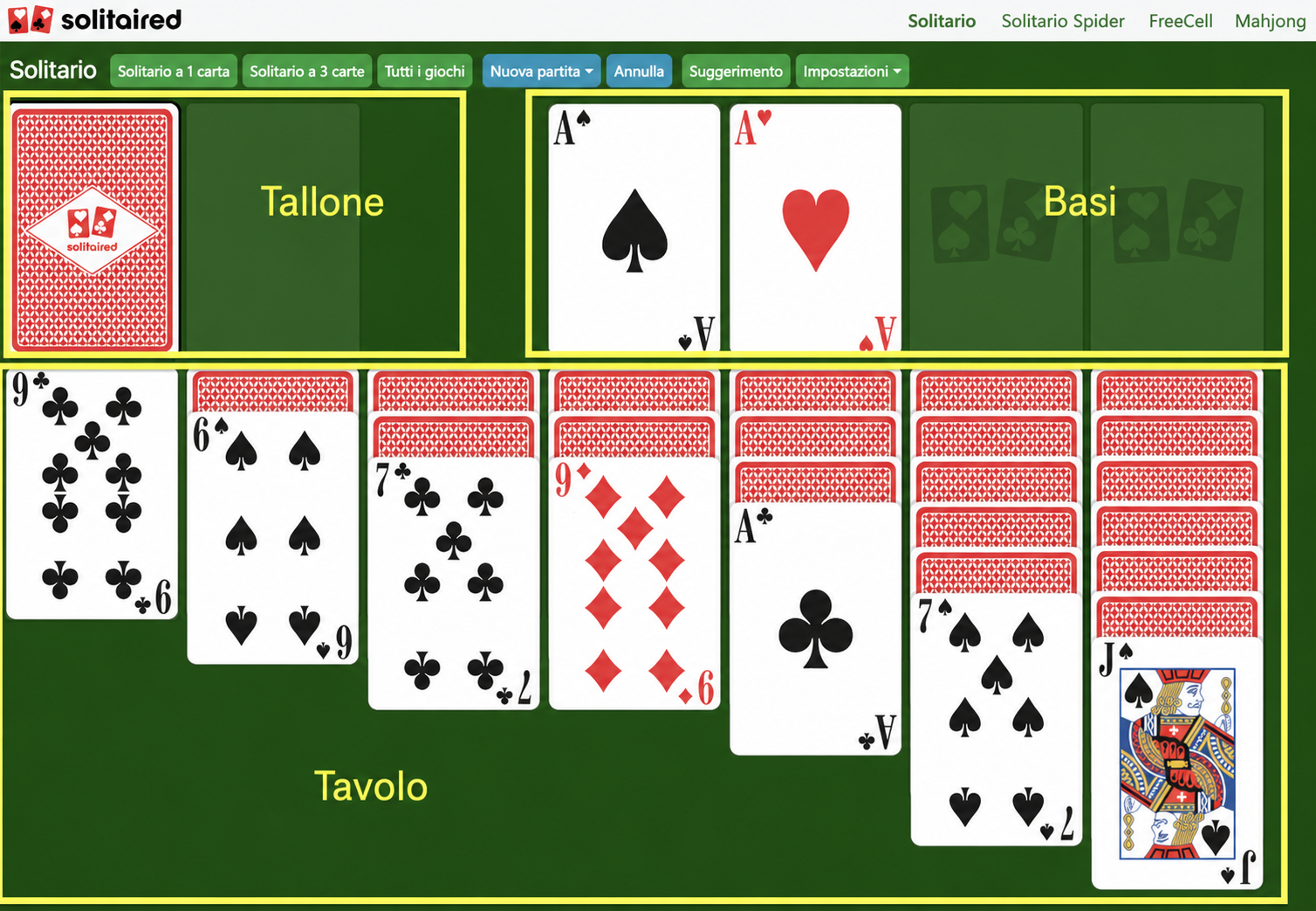 Impostazione e area di gioco di Solitario a 3 carte