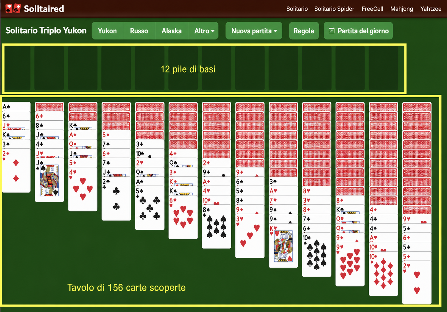 Come preparare Solitario Yukon Triplo