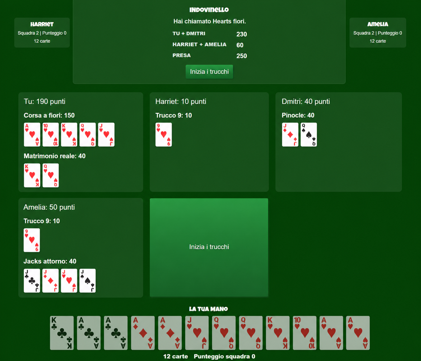 Fase delle combinazioni (meld) del Pinochle con punteggi dei giocatori