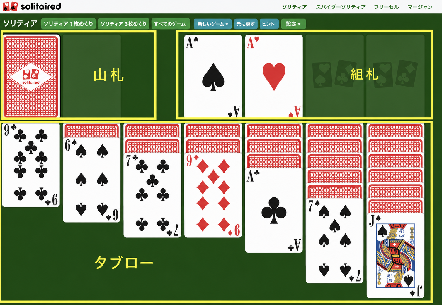 ソリティア 3枚めくりのセットアップとプレイエリア