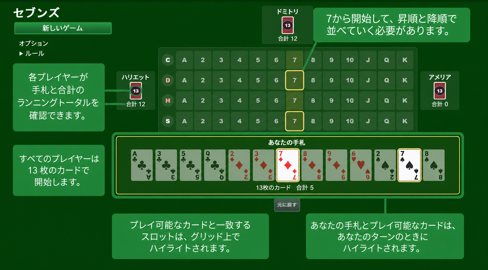 セブンズのカードゲームのセットアップ