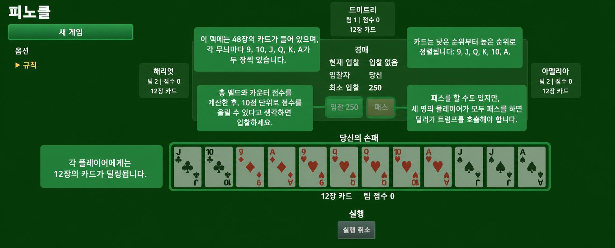 피노클 카드 게임 세팅