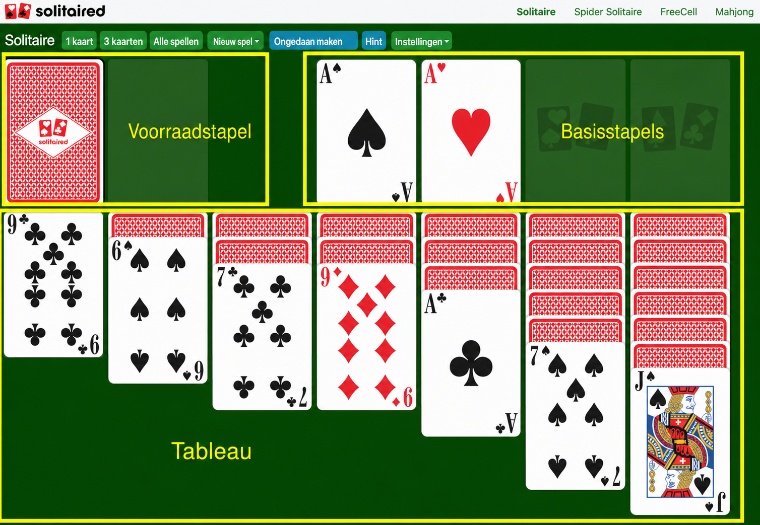 Solitaire opzet en speelgebied