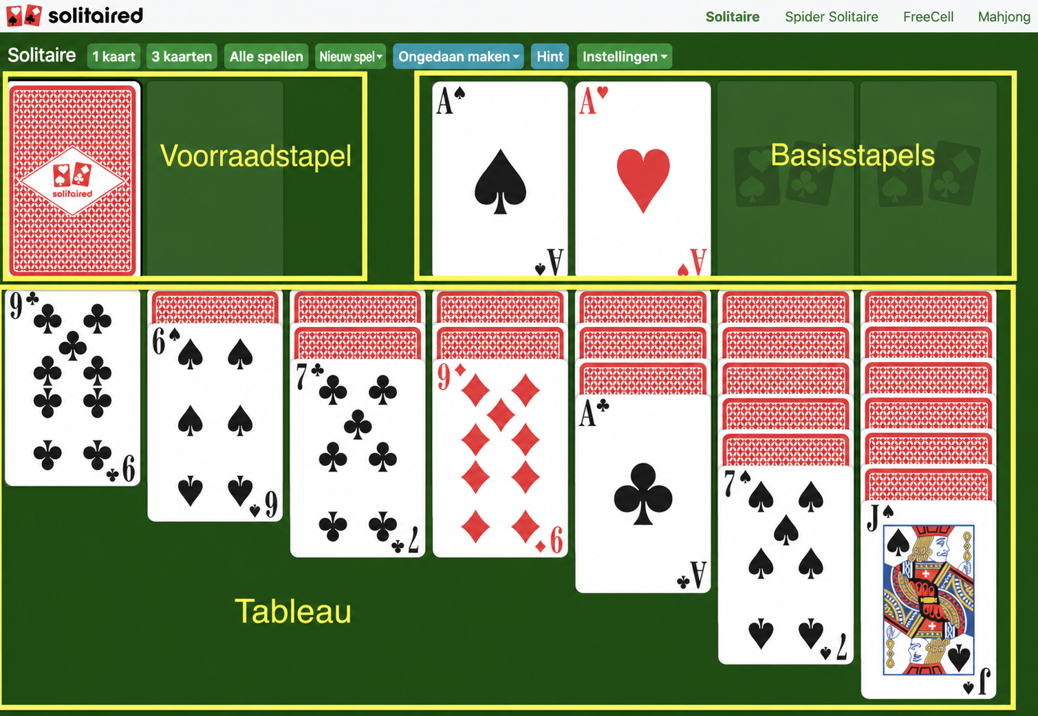 Solitaire 3 kaarten opstelling en speelgebied