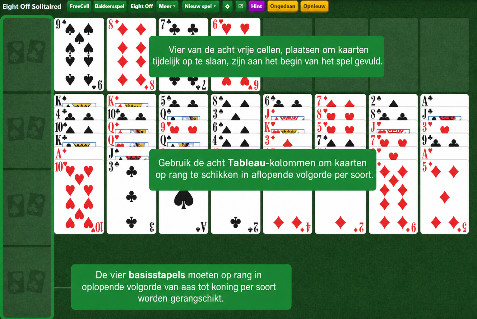 Eight Off Solitaire opstelling