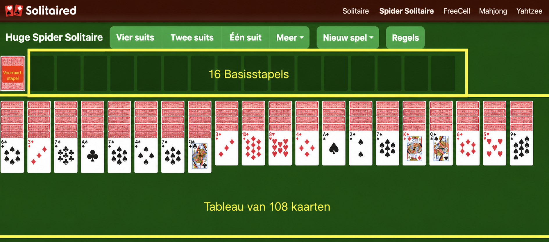 Hoe je Huge Spider Solitaire opzet
