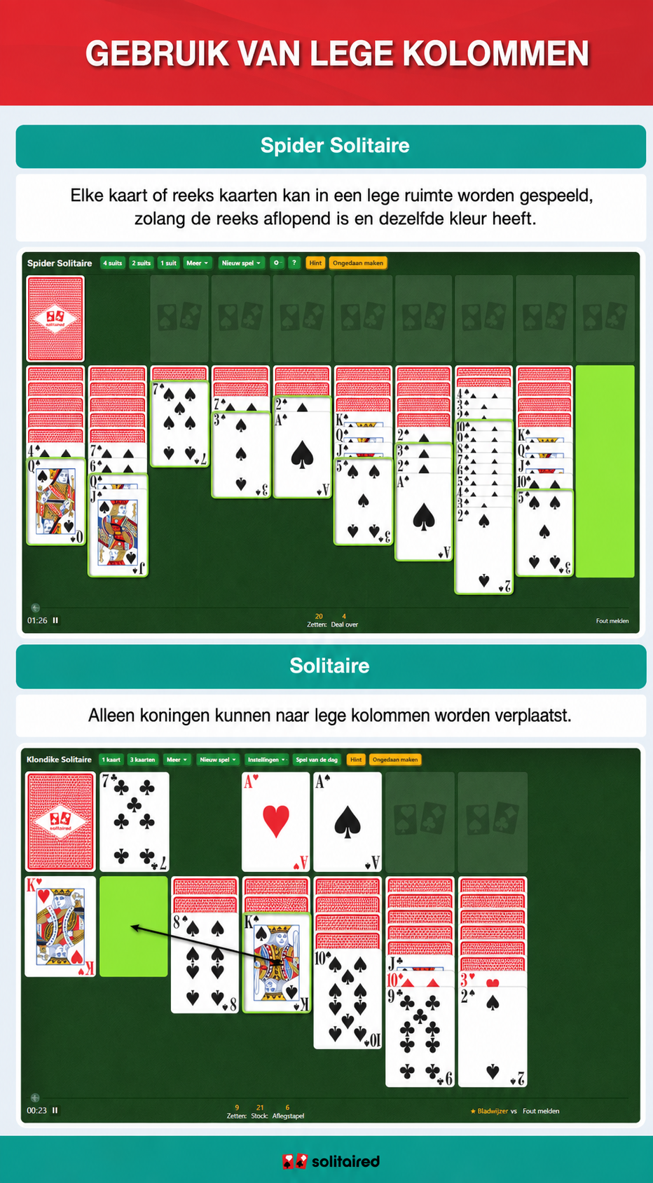 Spider Solitaire and Solitaire empty column use