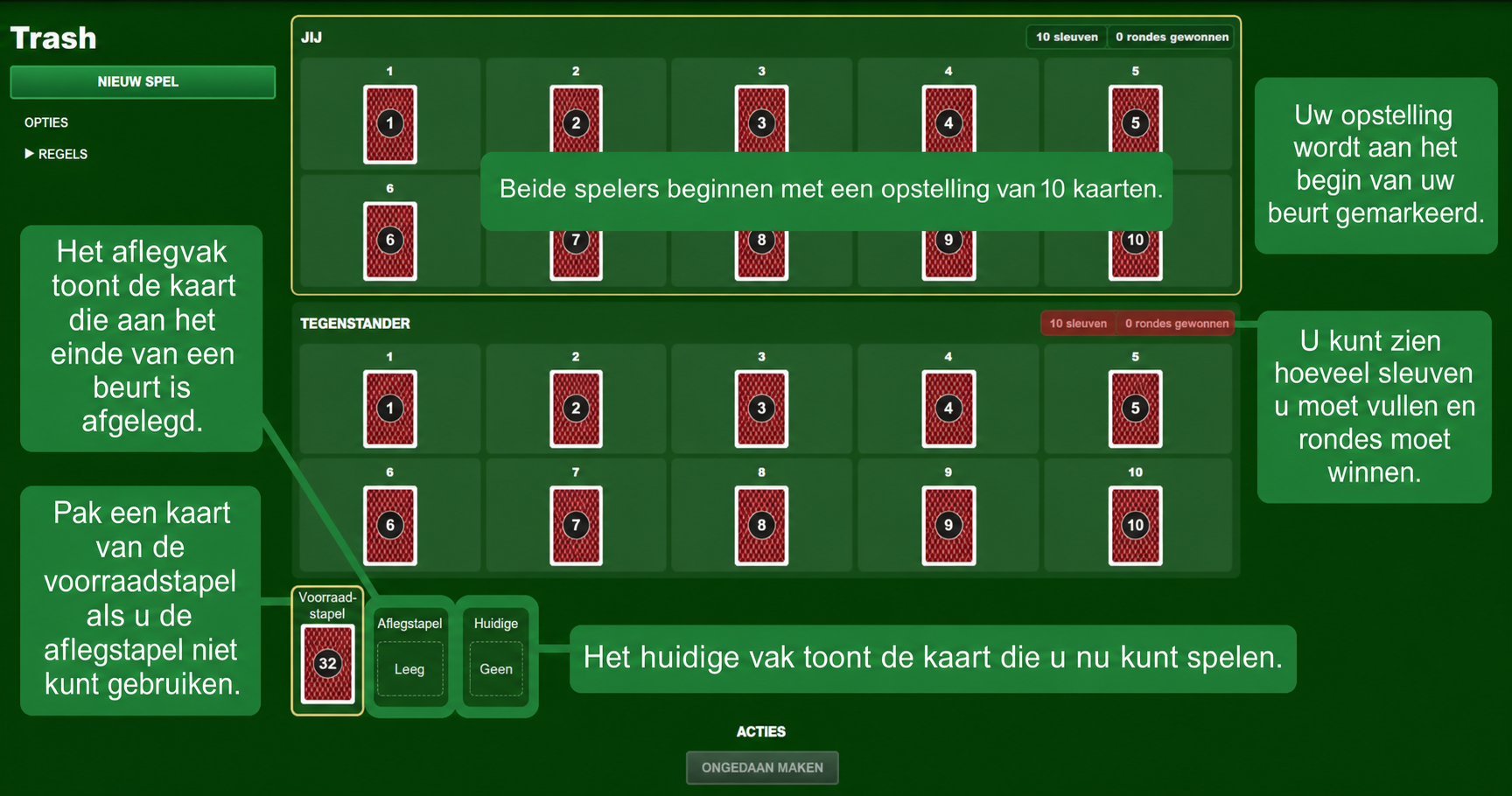 Opstelling van het kaartspel Trash