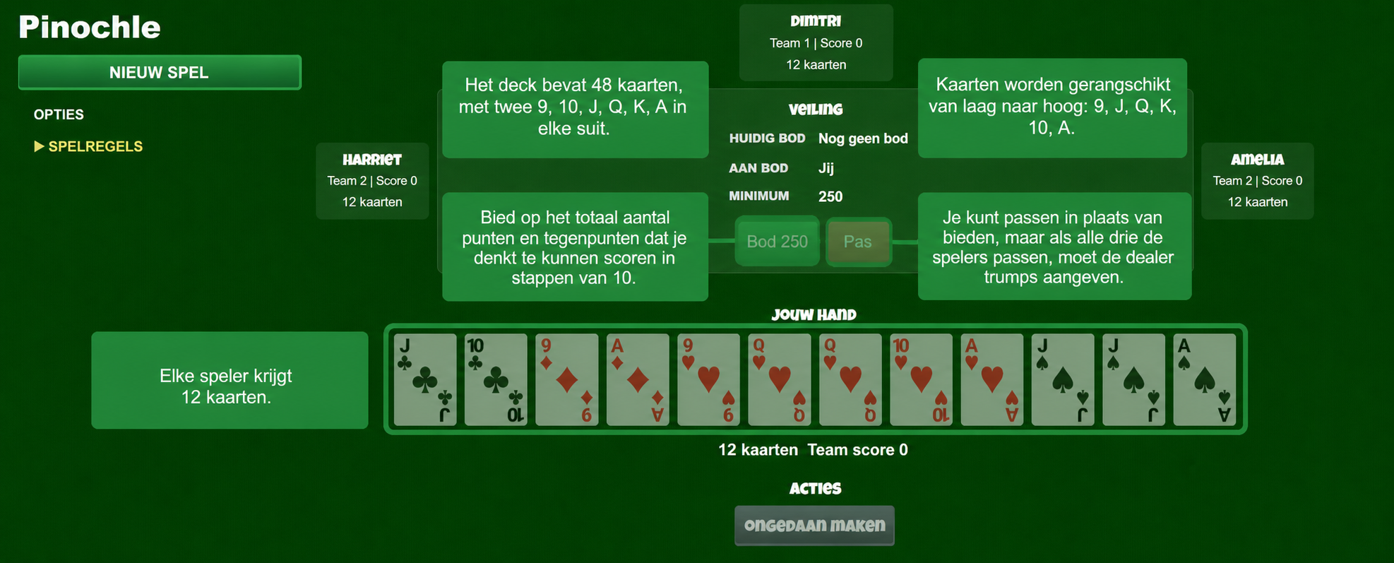 Opstelling van het kaartspel Pinochle