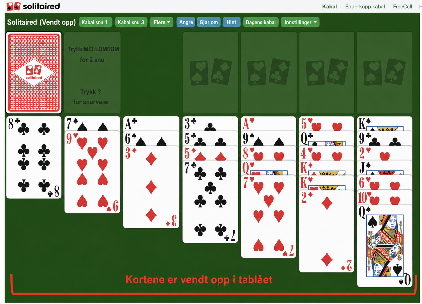 Trippel 7-er kabal med kortene vendt opp