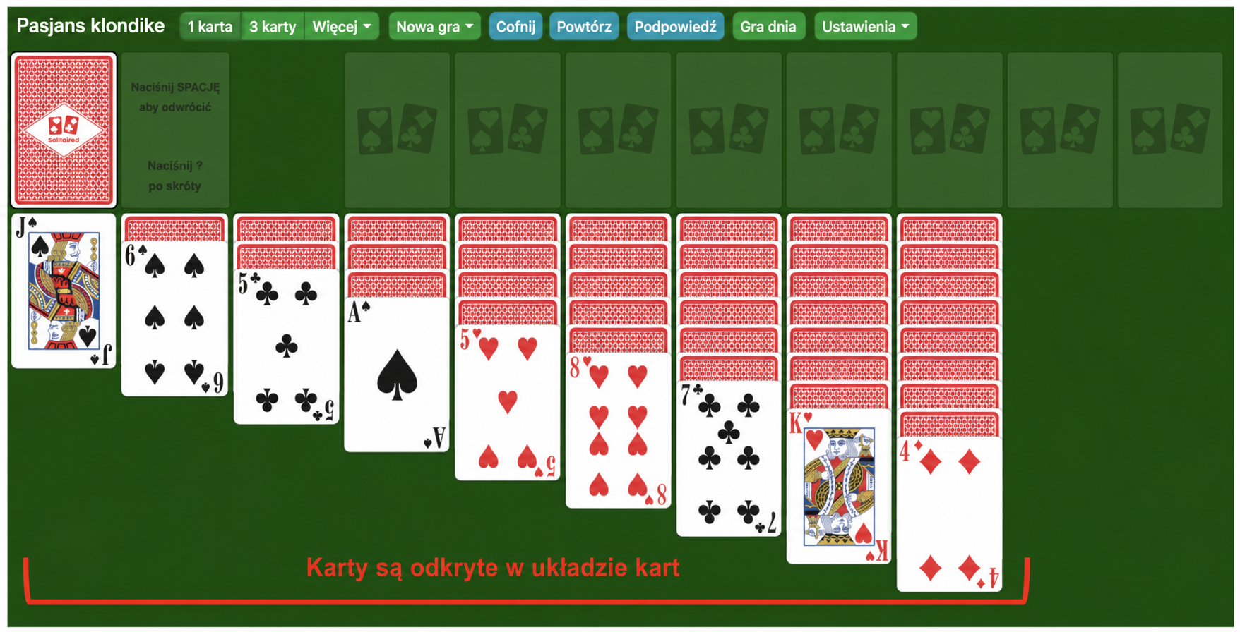 Triple Klondike z kartami odkrytymi