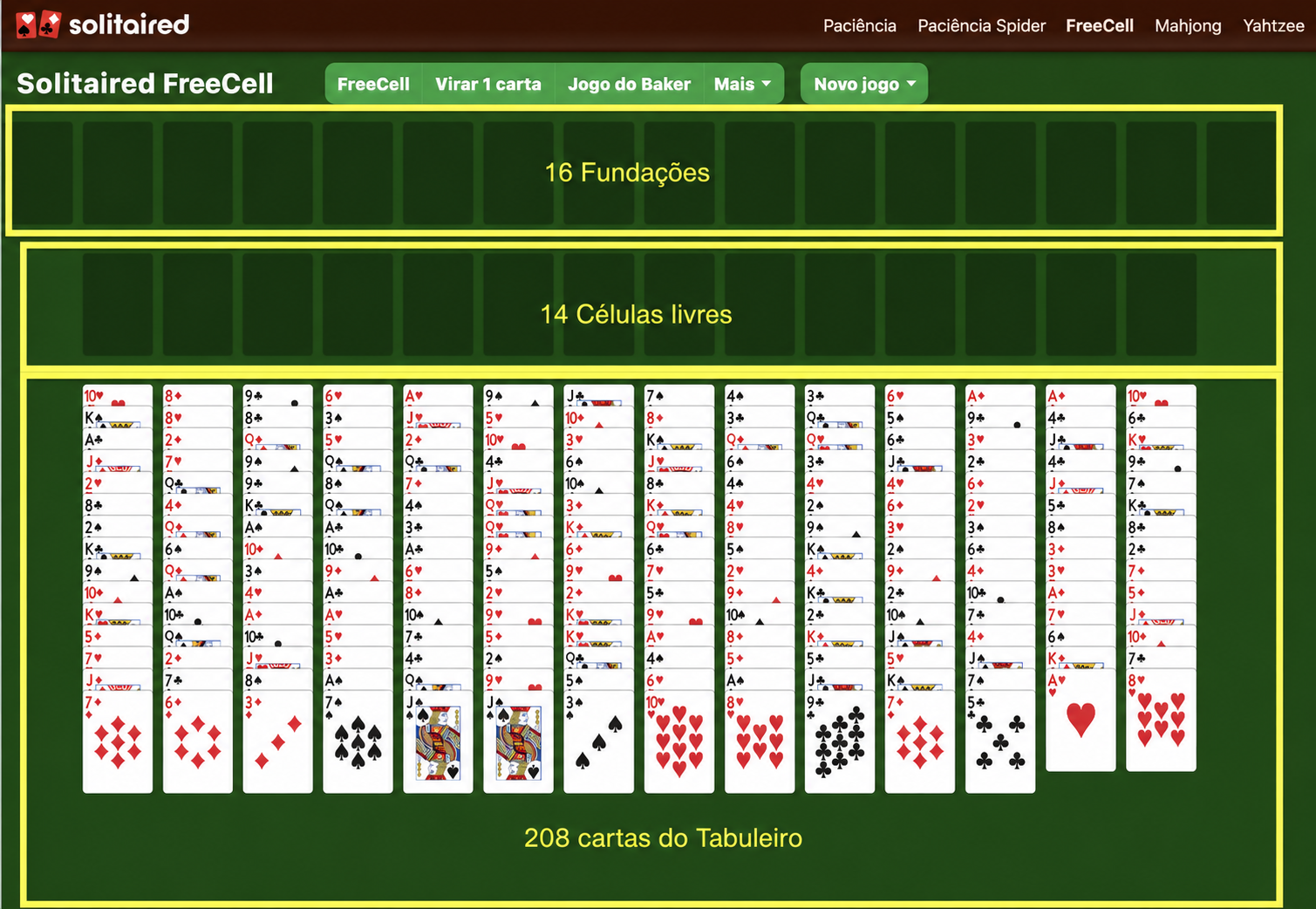 Como preparar um jogo de FreeCell com Quatro Baralhos