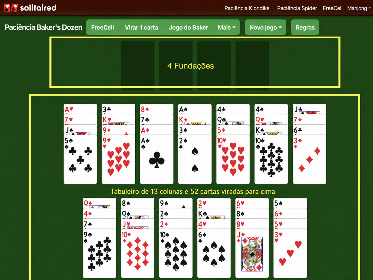 Preparação da Paciência Baker's Dozen