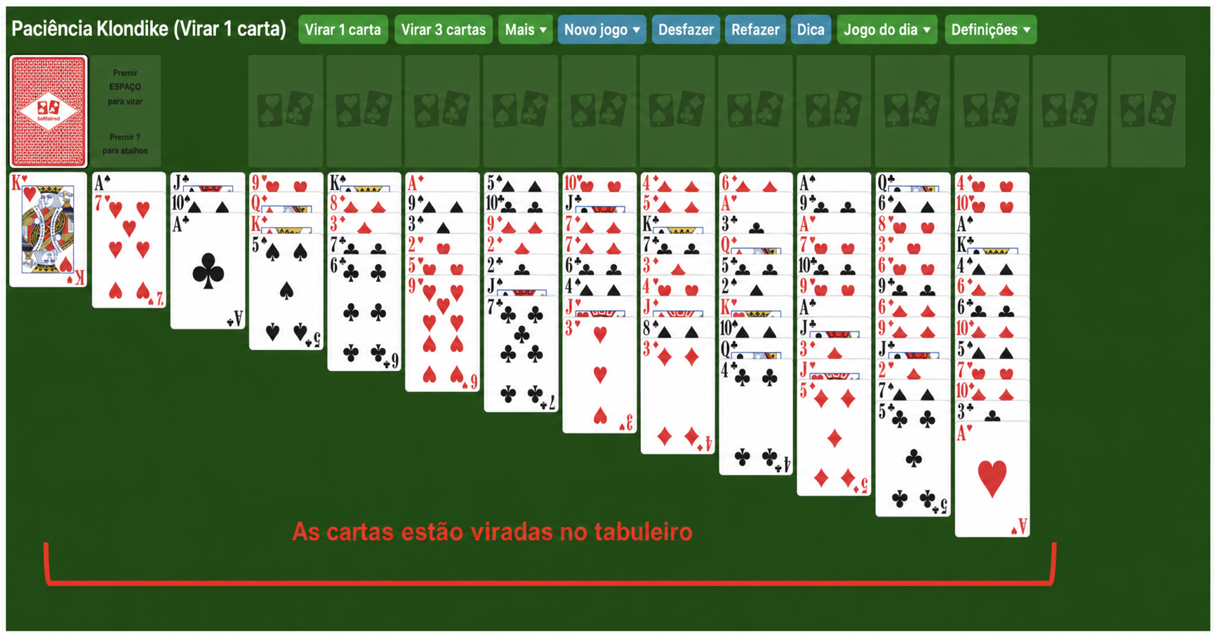 Paciência Klondike Tripla com as cartas viradas para cima