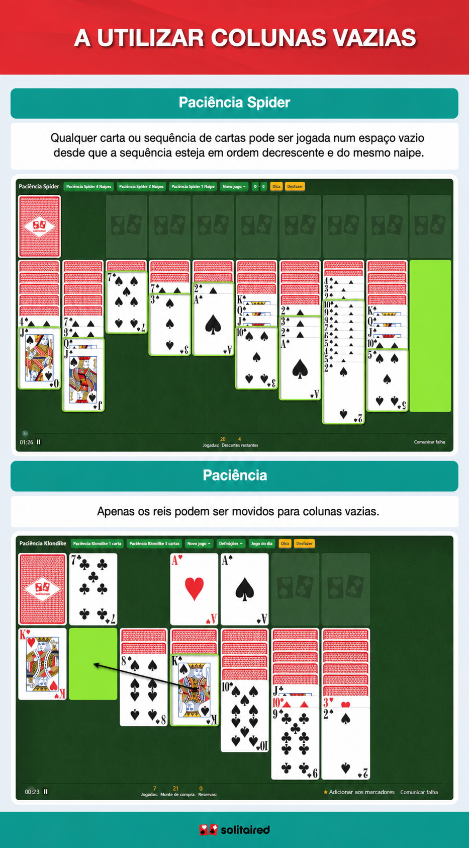 Spider Solitaire and Solitaire empty column use