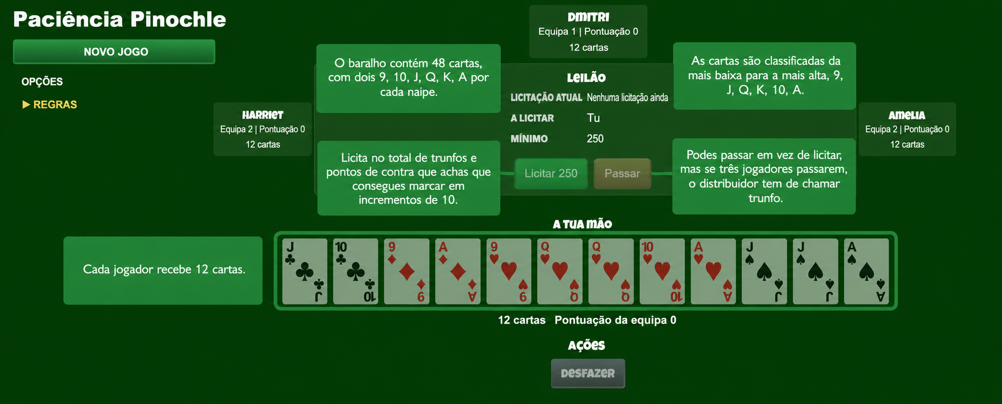 Configuração do jogo de cartas Pinochle
