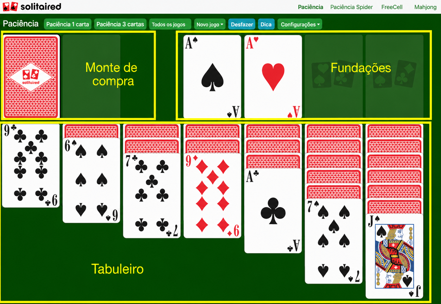 Configuração e área de jogo da Paciência