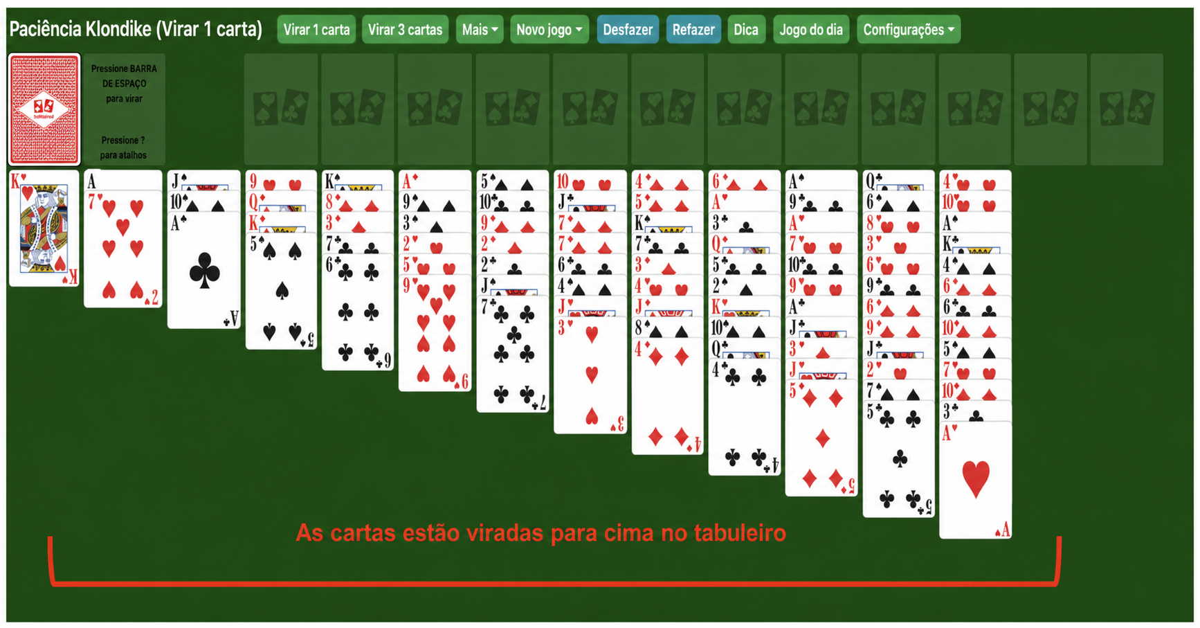 Paciência Klondike Tripla com as cartas viradas para cima