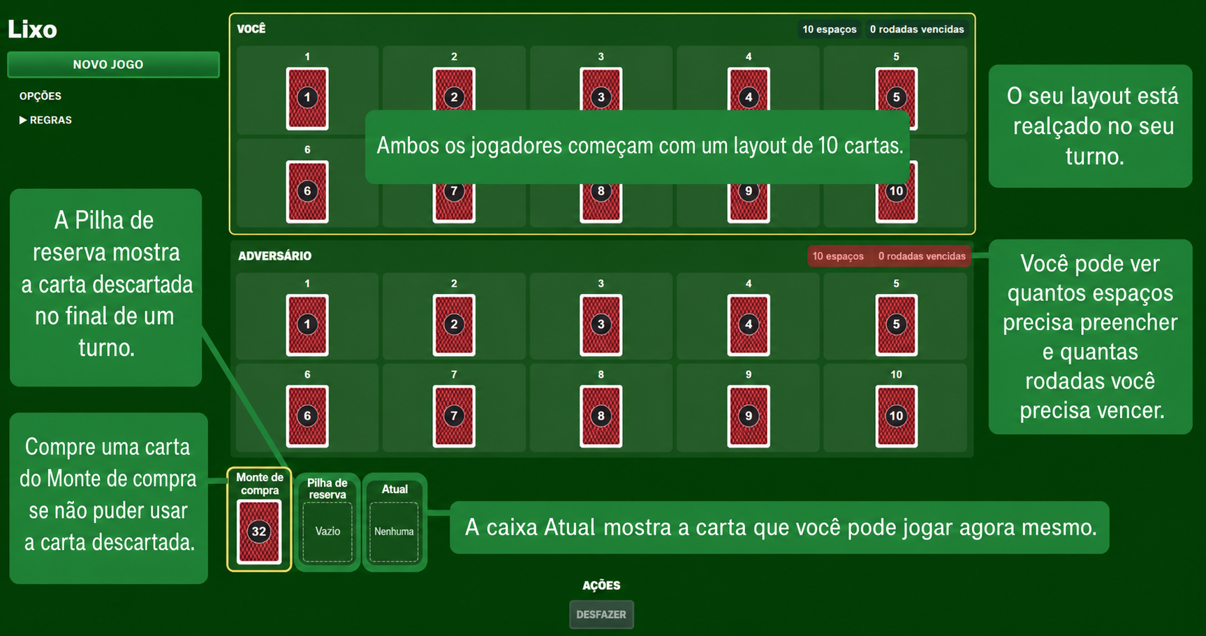 Configuração do jogo de cartas Trash