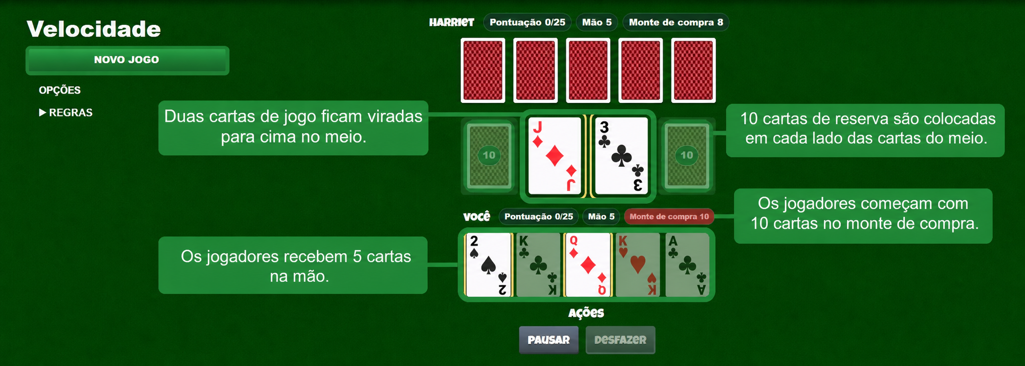 Configuração do jogo de cartas Speed