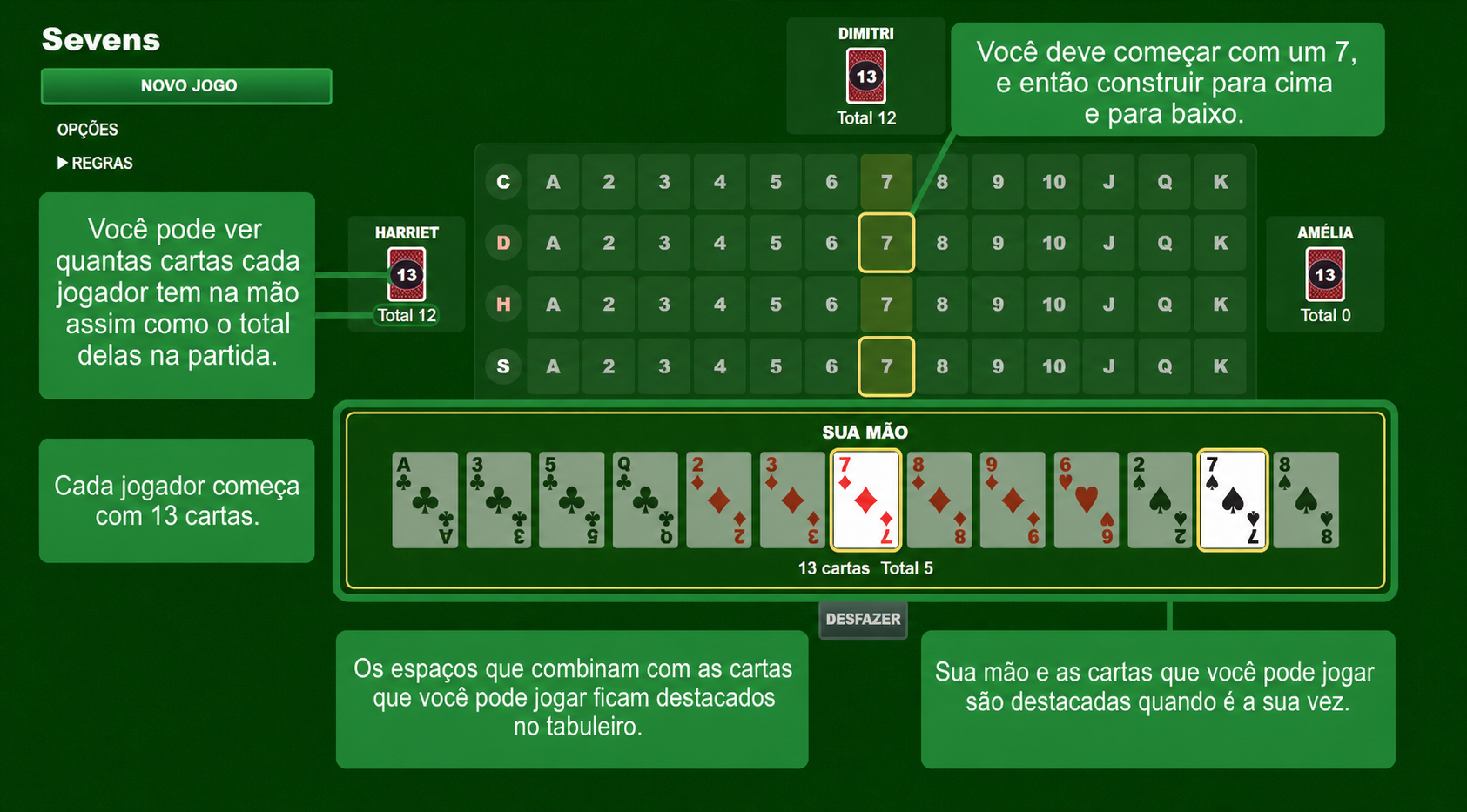 Configuração do jogo de cartas Sevens