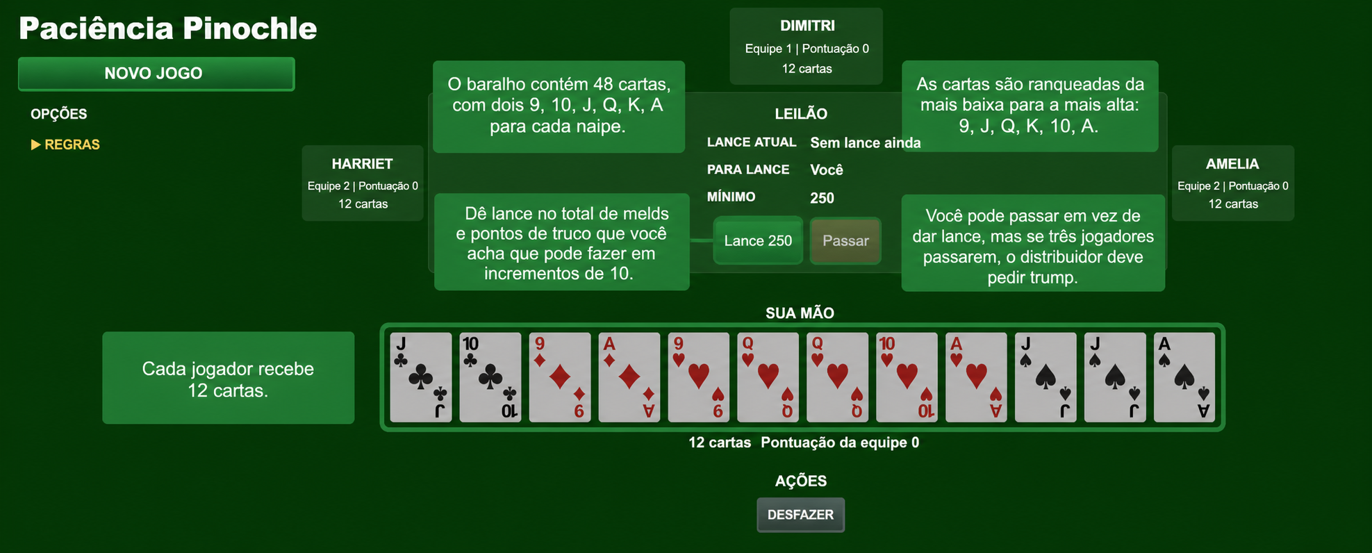 Configuração do jogo de cartas Pinochle