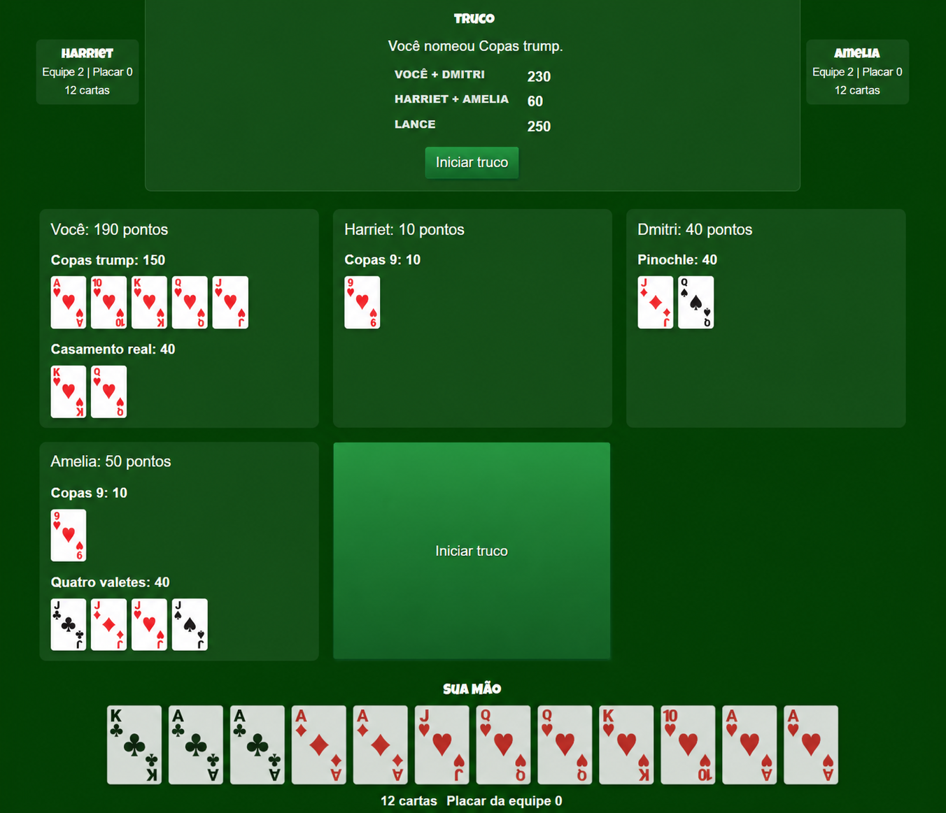 Fase de meld do Pinochle com pontuações dos jogadores