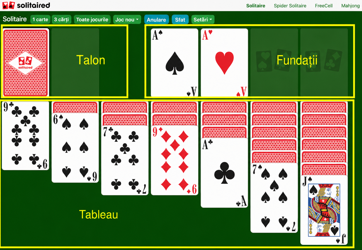 Configurarea Solitaire și zona de joc