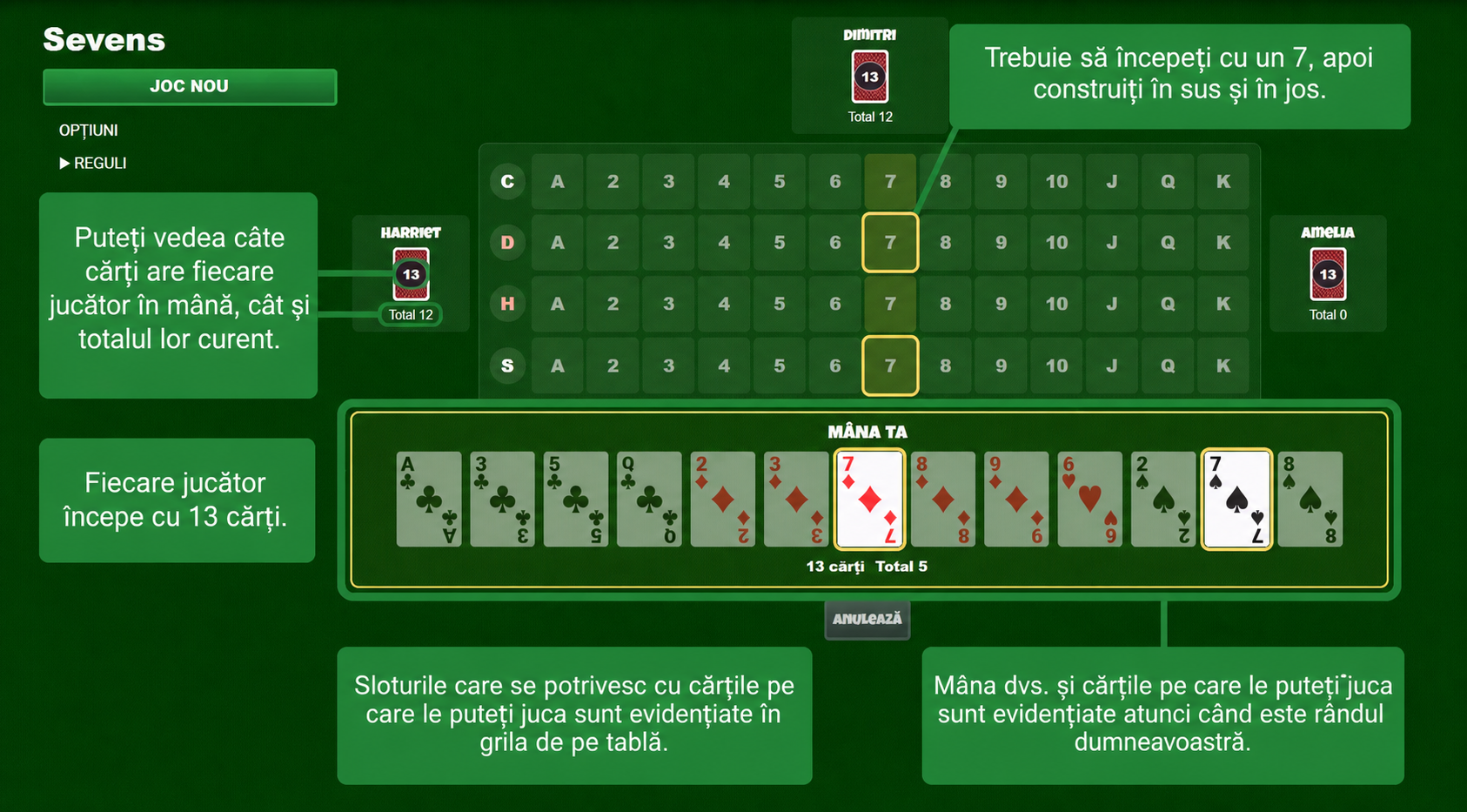Configurarea jocului de cărți Sevens